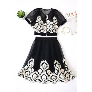 Susanna XL Black Mesh 2 Pc Set Ribbon Appliqué Top & Lined Skirt Floral Overlay